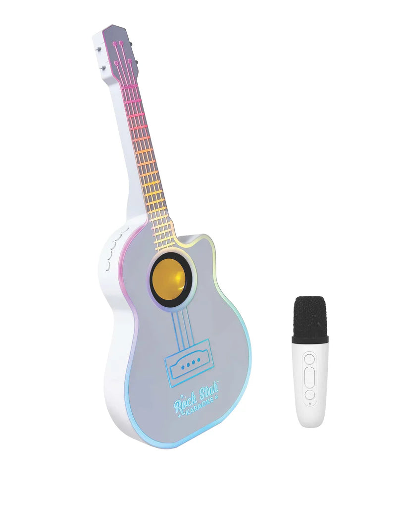Bluetooth LED White Guitar Speaker with Wireless Karaoke Microphone