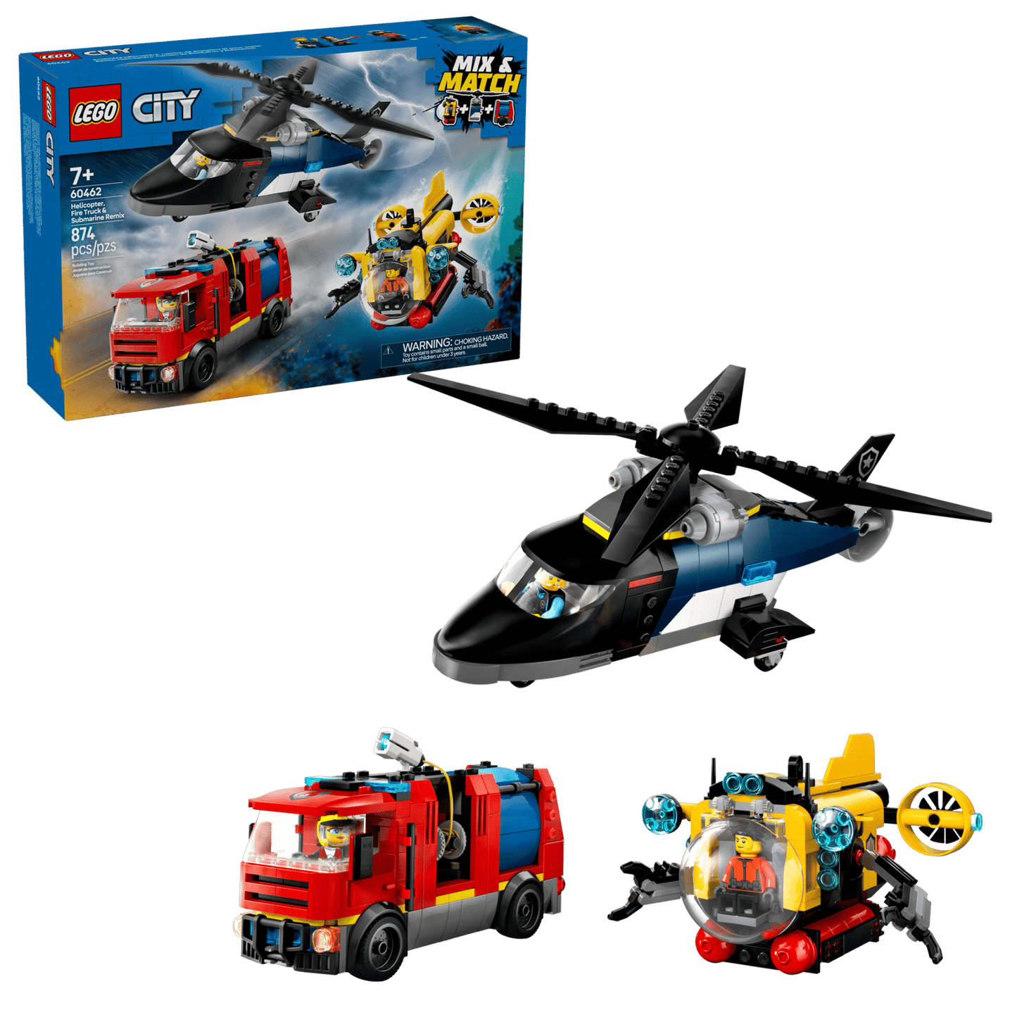 LEGO Helicopter, Fire Truck, and Sub
